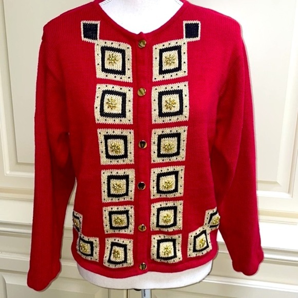 Vintage Red Knit Cardigan Geometric Squares Gold Button Front Retro Sweater M - Picture 8 of 10